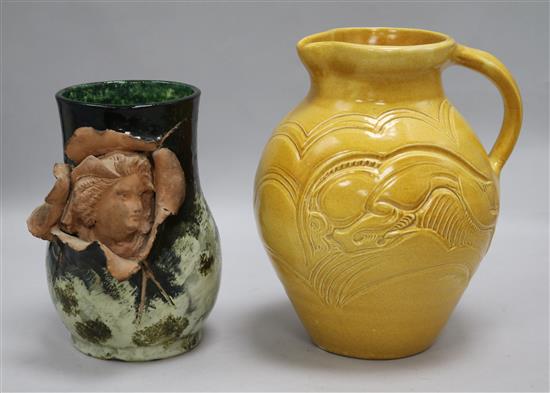 A Susie Cooper signed leaping gazelle jug, incised mark and a French art pottery vase